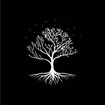 White icon of tree roots silhouette on black background, wise symbol, education sign, boho logo concept, t-shirts print, tattoo template. Vector illustration