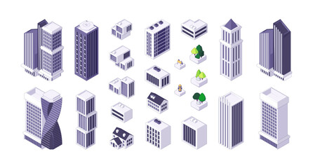 Isometric city constructor kit. Modern cityscape elements with architecture buildings skyscrapers and houses, megalopolis development. Vector set. Tall office and residential properties - obrazy, fototapety, plakaty