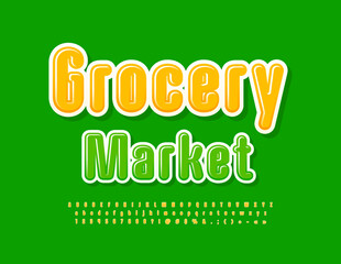 Vector advertising Banner Grocery Market with Modern Green Font. Creative glossy Alphabet Letters, Numbers and Symbols set