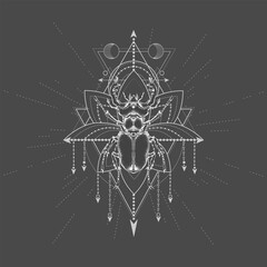 Vector illustration with hand drawn Stag Beetle and Sacred geometric symbol on black background. 