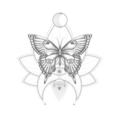Fototapeta na wymiar Vector illustration with hand drawn butterfly and Sacred geometric symbol on white background. Abstract mystic sign. 