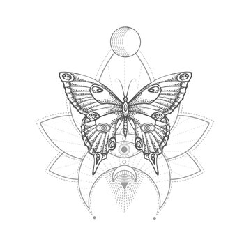 Vector illustration with hand drawn butterfly and Sacred geometric symbol on white background. Abstract mystic sign. 
