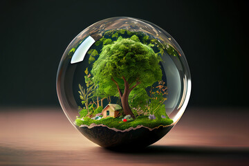 World environment and earth day concept with glass globe and eco friendly enviroment. Generative Ai