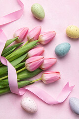 Pink tulips and Easter eggs background