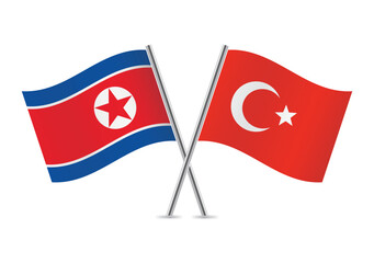 North Korea and Turkey crossed flags. North Korean and Turkish flags on white background. Vector icon set. Vector illustration.