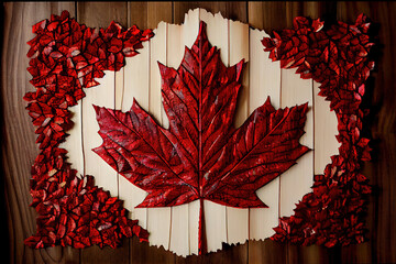 Canadian Flag made out of real Maple Leaves on a Cedar backing. Generative Ai