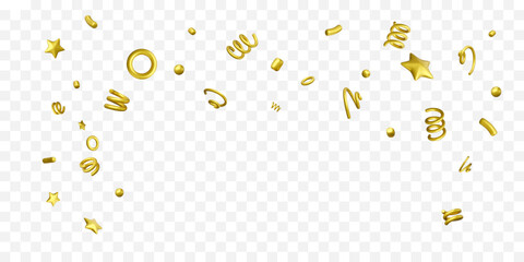 Holiday and anniversary confetti background. Falling gold decor elements stars and spirals