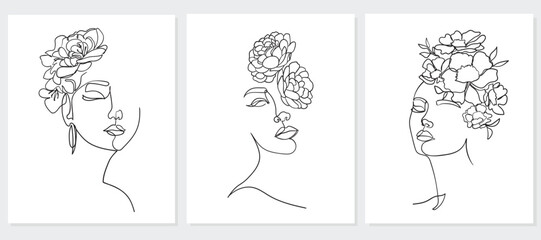 Fototapeta na wymiar Set of portrait, face with flower. Simple, minimalist vector illustration of beautiful woman. Line drawing