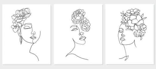 Foto auf Acrylglas Eine Linie Set of portrait, face with flower. Simple, minimalist vector illustration of beautiful woman. Line drawing