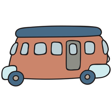 Hand-drawn colored cute retro car . Isolated vehicle in pastel colors on transparent background. Vector