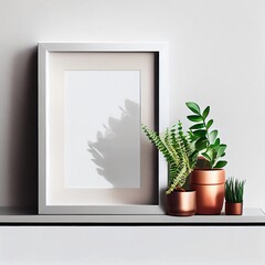 a mock up of a frame on the shelf against the wall, Generative AI, illustration