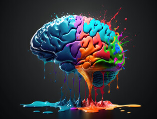 Bright 3d Human Brain in multi-colored splashes on a black background, a metaphor for joy, ideas, creativity