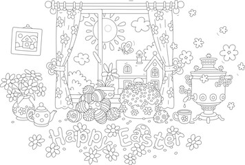 Happy Easter card with a fancy cake surrounded by decorated gift eggs, spring flowers and an old samovar in front of a window with a sunny landscape, black and white vector cartoon