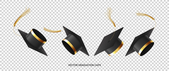 Falling graduation caps in air. Vector illustration with 3d black academic hats with golden rope tassel isolated on checkered background. Set of 3d elements for decoration of degree ceremony.