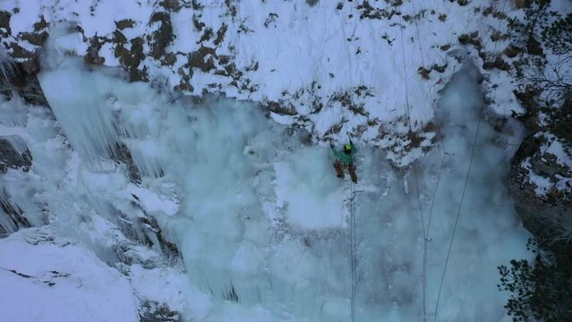A drone flight over a group of Ice Climbers in the Avers Valley in Switzerland