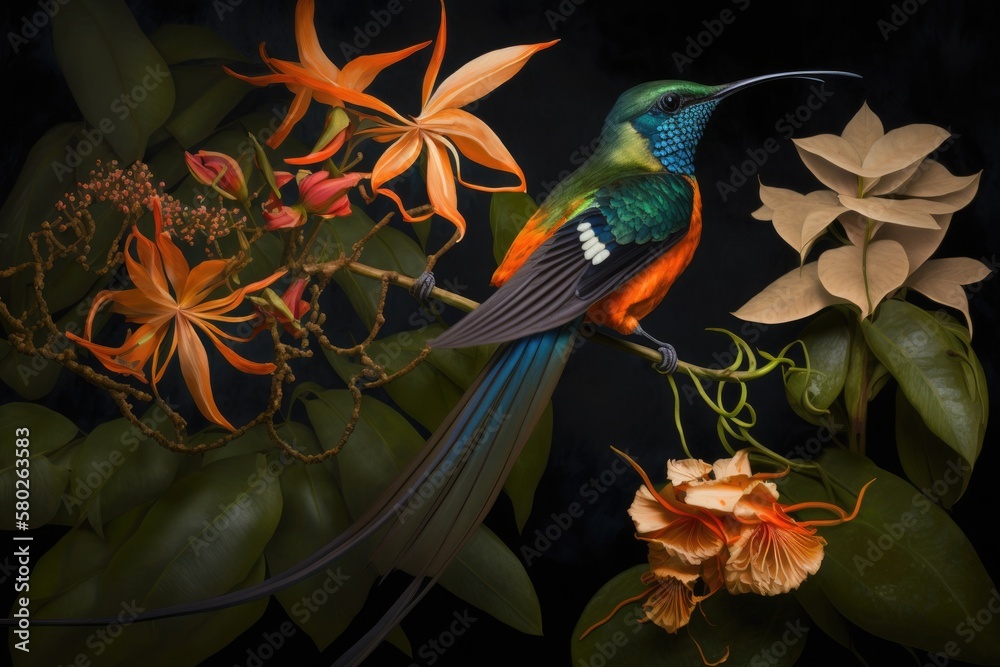 Sticker this dynamic feeding scene in the tropical forest features a long tailed sylph, aglaiocercus kingi, 