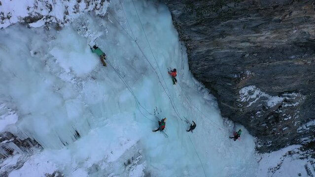 A drone flight over a group of Ice Climbers in the Avers Valley in Switzerland