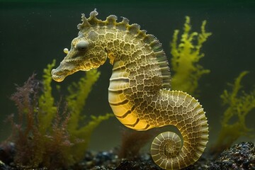 The potbellied seahorse, also known as the big bellied seahorse (Hippocampus abdominalis). Generative AI