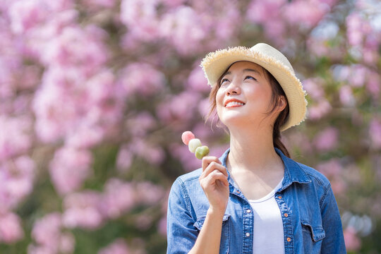 Asian woman holding the sweet hanami dango dessert while walking in the park at cherry blossom tree during spring sakura festival with copy space