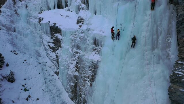 A drone flight over a group of Ice Climbers in the Avers Valley in Switzerland