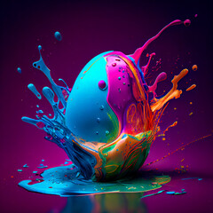 Colorful easter egg with paint splashes isolated on dark background. Generative AI