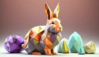 geometric easter bunny with easter eggs, easter time rabbit holiday
