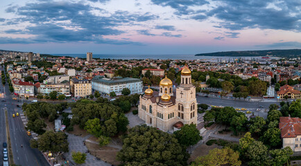 Fototapeta na wymiar Aerial view of centrum city with The Cathedral of the Assumption in Varna, Bulgaria.
