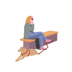 A lady sitting on a bench and talking on the phone, lady with a dog, a dog lying on the ground, flat vector illustration