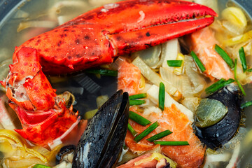 Popular seafood soup, close up