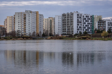 Old and new residential buildings over Lake Balaton in Goclaw area of Warsaw, Poland