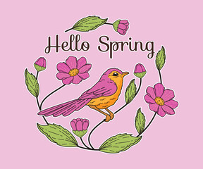 flat floral spring with bird background

