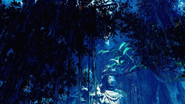 An ancient statue of a god in a tropical forest among vines and ferns