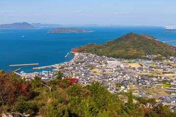 Fototapeta na wymiar Landscape of takuma town and islands , view from Mt. bakuchi , mitoyo city, kagawa, shikoku, japan