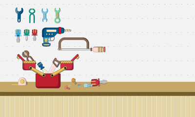 Mechanic equipment room. Wall-mounted tools. engineering tools. flat design cartoon concept. vector ,illustration