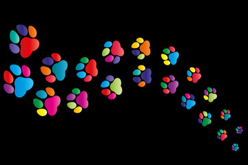 path and trail of colored dog footprints moving away
animal footprint pattern, footprint silhouette, puppy, cards, pattern. Black background
