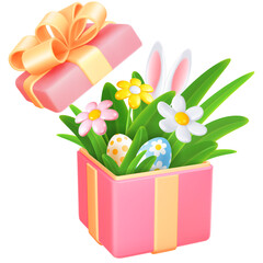 Colored Easter eggs, bunny ears, spring grass, daisy flowers in the open gift box. Trendy conceptual Easter greeting design element. Vector 3d realistic illustration EPS10