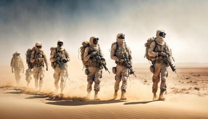 Special forces military units in full tactical gear walking in desert, Battlefield concept, Generative AI image