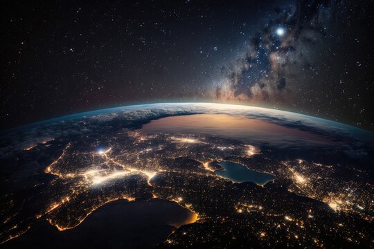 View of Earth at night from a great height. While stars shine above the clouds, city lights shine below. Generative AI