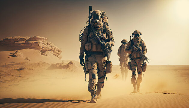 Special forces military units in full tactical gear walking in desert, Battlefield concept, Generative AI image