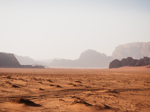 Landmarks of the Wadi Rum desert in Jordan. Clear, sunny day. No people. Vacation and travel concept