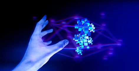 Obraz na płótnie Canvas businessman hand holding holographic of metaverse network on black background, internet social online technology, digital cryptocurrency coin