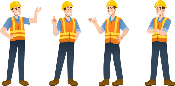 set of industrial construction worker characters flat style illustrations.