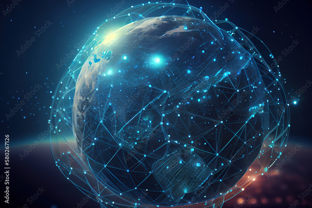 Wall mural future of global social network technology with blue abstract technology background. generative ai