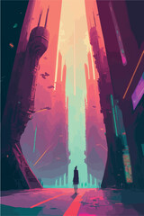 Poster of futuristic city. Cyberpunk world. Video game concept art. Artistic vector art. Man or woman looking at buildings. Advanced technology. Neo noire universe. Dystopic town. Orange glowing neons