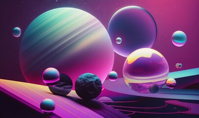  a group of planets in a space with a purple background and a blue and pink sky with stars and a purple and blue background with a few smaller planets.  generative ai