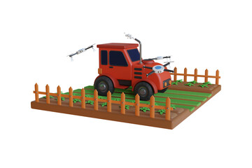 Obraz na płótnie Canvas 3d illustration of smart farming concept. tractor on piece of land with farm meadow and crops. Farm with tractor and drone. 3D Illustration