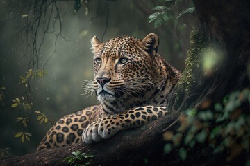 Photograph shows a male Indian leopard (Panthera pardus fusca) resting atop a tree in a rainforest clearing during a monsoon safari in central India. Generative AI
