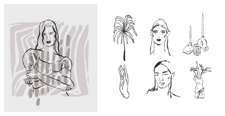 Hand drawn vector abstract graphic line art simple,contemporary collection set with boho feminine aesthetics.,woman portraits.Fashion feminine concept design for wall decor,print,wallpaper,background.