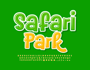 Vector bright Sign Safari Park with funny yellow Font. Playful Alphabet Letters and Numbers