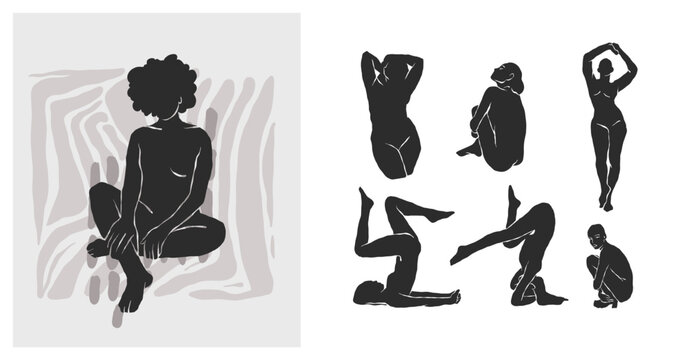 Hand drawn vector abstract graphic line simple,contemporary collection set with female figures silhouettes body shapes.Fashion feminine concept design for wall decor,print,poster,wallpaper,background.